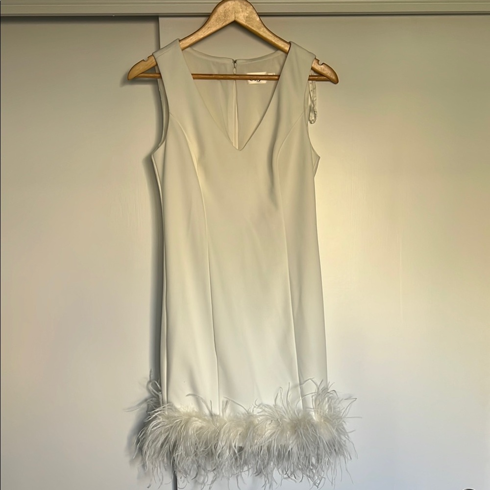 Elegant White Dress with Feather Trim